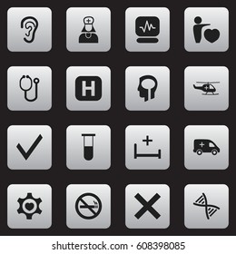 Set Of 16 Editable Clinic Icons. Includes Symbols Such As Pulse, Stop Smoke, Hospital Assistant And More. Can Be Used For Web, Mobile, UI And Infographic Design.