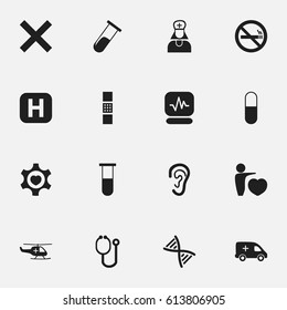 Set Of 16 Editable Clinic Icons. Includes Symbols Such As Stop Smoke, Test Tube, Medical Aviation And More. Can Be Used For Web, Mobile, UI And Infographic Design.
