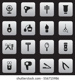 Set Of 16 Editable Coiffeur Icons. Includes Symbols Such As Charger, Scrub, Shaver And More. Can Be Used For Web, Mobile, UI And Infographic Design.