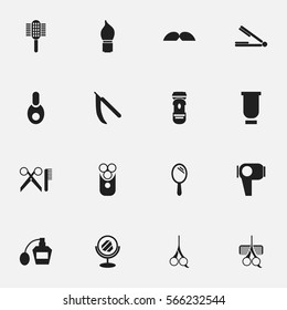 Set Of 16 Editable Coiffeur Icons. Includes Symbols Such As Cutter Apparatus, Hairdresser Set, Vial And More. Can Be Used For Web, Mobile, UI And Infographic Design.