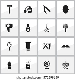 Set Of 16 Editable Coiffeur Icons. Includes Symbols Such As Charger, Cutter Apparatus, Cut Tool And More. Can Be Used For Web, Mobile, UI And Infographic Design.