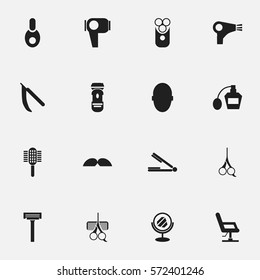 Set Of 16 Editable Coiffeur Icons. Includes Symbols Such As Cut Tool, Scent, Hair Drier And More. Can Be Used For Web, Mobile, UI And Infographic Design.
