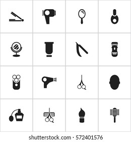 Set Of 16 Editable Coiffeur Icons. Includes Symbols Such As Reflector, Container, Blade And More. Can Be Used For Web, Mobile, UI And Infographic Design.