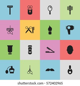 Set Of 16 Editable Coiffeur Icons. Includes Symbols Such As Hair Drier, Take The Hair Dryer, Vial And More. Can Be Used For Web, Mobile, UI And Infographic Design.