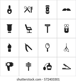 Set Of 16 Editable Coiffeur Icons. Includes Symbols Such As Hair Drier, Vial, Reflector And More. Can Be Used For Web, Mobile, UI And Infographic Design.
