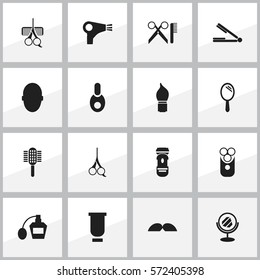 Set Of 16 Editable Coiffeur Icons. Includes Symbols Such As Reflector, Scrub, Scent And More. Can Be Used For Web, Mobile, UI And Infographic Design.