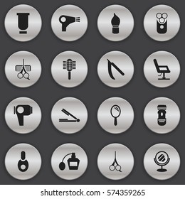Set Of 16 Editable Coiffeur Icons. Includes Symbols Such As Peeper, Cutter Apparatus, Container And More. Can Be Used For Web, Mobile, UI And Infographic Design.