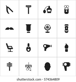 Set Of 16 Editable Coiffeur Icons. Includes Symbols Such As Hairdresser Set, Brains, Shaver And More. Can Be Used For Web, Mobile, UI And Infographic Design.