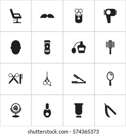 Set Of 16 Editable Coiffeur Icons. Includes Symbols Such As Whiskers, Barber Tools, Brains And More. Can Be Used For Web, Mobile, UI And Infographic Design.