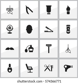 Set Of 16 Editable Coiffeur Icons. Includes Symbols Such As Shaving, Whiskers, Container And More. Can Be Used For Web, Mobile, UI And Infographic Design.