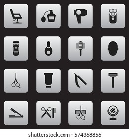 Set Of 16 Editable Coiffeur Icons. Includes Symbols Such As Cutter Apparatus, Elbow Chair, Brains And More. Can Be Used For Web, Mobile, UI And Infographic Design.