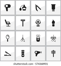 Set Of 16 Editable Coiffeur Icons. Includes Symbols Such As Hairdresser Set, Scent, Cutter Apparatus And More. Can Be Used For Web, Mobile, UI And Infographic Design.