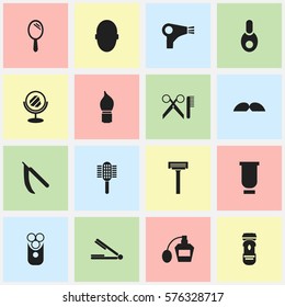 Set Of 16 Editable Coiffeur Icons. Includes Symbols Such As Blade, Container, Scrub And More. Can Be Used For Web, Mobile, UI And Infographic Design.