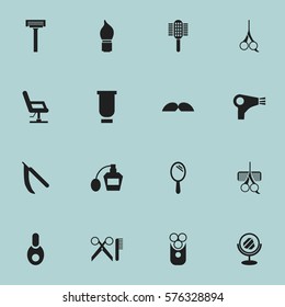 Set Of 16 Editable Coiffeur Icons. Includes Symbols Such As Charger, Blade, Hairdresser Set And More. Can Be Used For Web, Mobile, UI And Infographic Design.