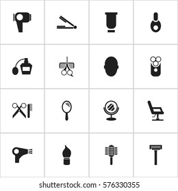 Set Of 16 Editable Coiffeur Icons. Includes Symbols Such As Barber Tools, Desiccator, Hair Drier And More. Can Be Used For Web, Mobile, UI And Infographic Design.