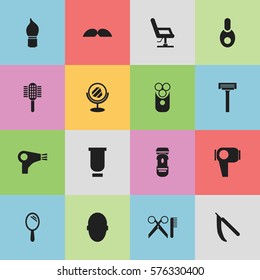 Set Of 16 Editable Coiffeur Icons. Includes Symbols Such As Hair Drier, Whiskers, Container And More. Can Be Used For Web, Mobile, UI And Infographic Design.