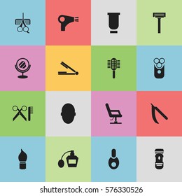 Set Of 16 Editable Coiffeur Icons. Includes Symbols Such As Shaving, Cutter Apparatus, Scrub And More. Can Be Used For Web, Mobile, UI And Infographic Design.