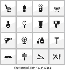 Set Of 16 Editable Coiffeur Icons. Includes Symbols Such As Hair Drier, Container, Whiskers And More. Can Be Used For Web, Mobile, UI And Infographic Design.