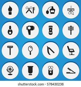 Set Of 16 Editable Coiffeur Icons. Includes Symbols Such As Reflector, Shaver, Hairdresser Set And More. Can Be Used For Web, Mobile, UI And Infographic Design.