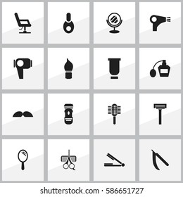 Set Of 16 Editable Coiffeur Icons. Includes Symbols Such As Take The Hair Dryer, Scrub, Hair Drier And More. Can Be Used For Web, Mobile, UI And Infographic Design.