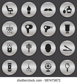 Set Of 16 Editable Coiffeur Icons. Includes Symbols Such As Cutter Apparatus, Hair Drier, Cut Tool And More. Can Be Used For Web, Mobile, UI And Infographic Design.