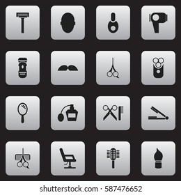 Set Of 16 Editable Coiffeur Icons. Includes Symbols Such As Hairdresser Set, Vial, Barber Tools And More. Can Be Used For Web, Mobile, UI And Infographic Design.
