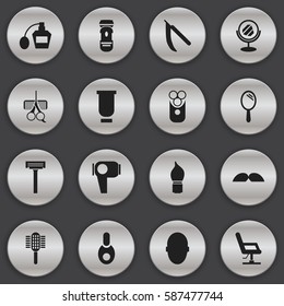 Set Of 16 Editable Coiffeur Icons. Includes Symbols Such As Brains, Hairdresser Set, Blade And More. Can Be Used For Web, Mobile, UI And Infographic Design.