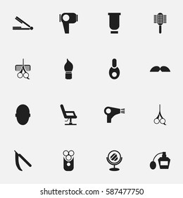 Set Of 16 Editable Coiffeur Icons. Includes Symbols Such As Charger, Cut Tool, Brains And More. Can Be Used For Web, Mobile, UI And Infographic Design.