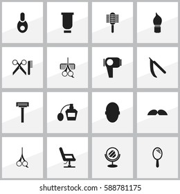 Set Of 16 Editable Coiffeur Icons. Includes Symbols Such As Scrub, Barber Tools, Whiskers And More. Can Be Used For Web, Mobile, UI And Infographic Design.