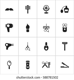 Set Of 16 Editable Coiffeur Icons. Includes Symbols Such As Hair Drier, Desiccator, Scrub And More. Can Be Used For Web, Mobile, UI And Infographic Design.