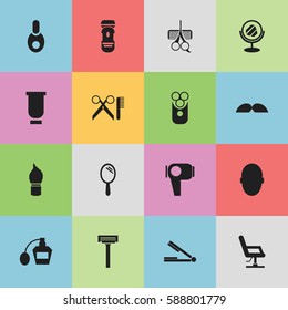 Set Of 16 Editable Coiffeur Icons. Includes Symbols Such As Shaving, Whiskers, Hair Drier And More. Can Be Used For Web, Mobile, UI And Infographic Design.