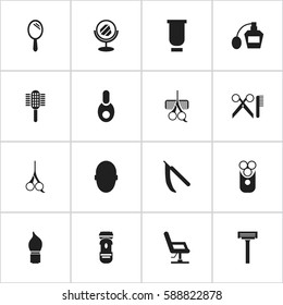 Set Of 16 Editable Coiffeur Icons. Includes Symbols Such As Shaving, Cut Tool, Hairdresser Set And More. Can Be Used For Web, Mobile, UI And Infographic Design.