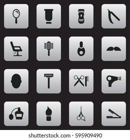 Set Of 16 Editable Coiffeur Icons. Includes Symbols Such As Blade, Desiccator, Elbow Chair And More. Can Be Used For Web, Mobile, UI And Infographic Design.