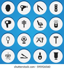 Set Of 16 Editable Coiffeur Icons. Includes Symbols Such As Vial, Hairdresser Set, Barber Tools And More. Can Be Used For Web, Mobile, UI And Infographic Design.