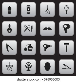 Set Of 16 Editable Coiffeur Icons. Includes Symbols Such As Vial, Hair Drier, Peeper And More. Can Be Used For Web, Mobile, UI And Infographic Design.