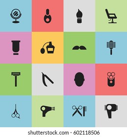 Set Of 16 Editable Coiffeur Icons. Includes Symbols Such As Hair Drier, Shaver, Brains And More. Can Be Used For Web, Mobile, UI And Infographic Design.