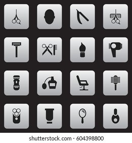Set Of 16 Editable Coiffeur Icons. Includes Symbols Such As Elbow Chair, Blade, Brains And More. Can Be Used For Web, Mobile, UI And Infographic Design.