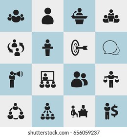 Set Of 16 Editable Community Icons. Includes Symbols Such As Teamwork, Publicity, Finance Director And More. Can Be Used For Web, Mobile, UI And Infographic Design.