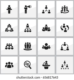 Set Of 16 Editable Community Icons. Includes Symbols Such As Commander, Speaker, Leadership. Can Be Used For Web, Mobile, UI And Infographic Design.