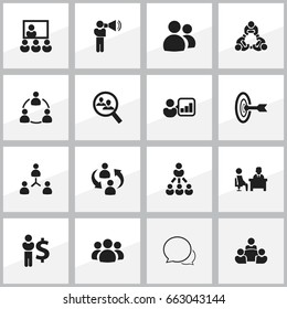 Set Of 16 Editable Community Icons. Includes Symbols Such As Conversation, Cooperation, Publicity And More. Can Be Used For Web, Mobile, UI And Infographic Design.