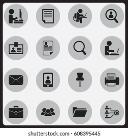 Set Of 16 Editable Company Icons. Includes Symbols Such As Loupe, Person Working On Computer, Printing Machine And More. Can Be Used For Web, Mobile, UI And Infographic Design.
