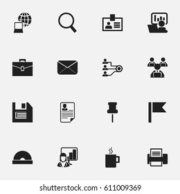 Set Of 16 Editable Company Icons. Includes Symbols Such As Pennant, Architecture, Presentation And More. Can Be Used For Web, Mobile, UI And Infographic Design.