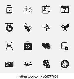 Set Of 16 Editable Complex Icons. Includes Symbols Such As Cutlery, Velocipede, Tire And More. Can Be Used For Web, Mobile, UI And Infographic Design.