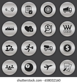 Set Of 16 Editable Complex Icons. Includes Symbols Such As Aircraft, Tire, Group And More. Can Be Used For Web, Mobile, UI And Infographic Design.