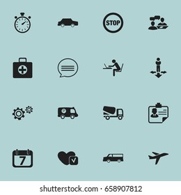 Set Of 16 Editable Complex Icons. Includes Symbols Such As Auto, Identification, Aircraft And More. Can Be Used For Web, Mobile, UI And Infographic Design.