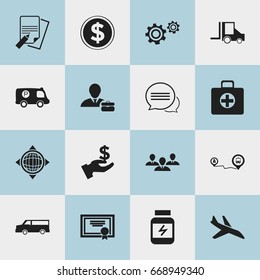 Set Of 16 Editable Complex Icons. Includes Symbols Such As Navigation, Police Vehicle, Employee And More. Can Be Used For Web, Mobile, UI And Infographic Design.