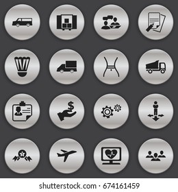 Set Of 16 Editable Complex Icons. Includes Symbols Such As File, Truck, Badminton Ball And More. Can Be Used For Web, Mobile, UI And Infographic Design.