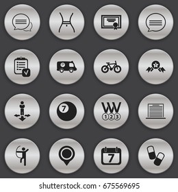 Set Of 16 Editable Complex Icons. Includes Symbols Such As Police Vehicle, Achievement, Date Block And More. Can Be Used For Web, Mobile, UI And Infographic Design.