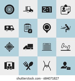 Set Of 16 Editable Complex Icons. Includes Symbols Such As Van, Questionnaire, Position And More. Can Be Used For Web, Mobile, UI And Infographic Design.