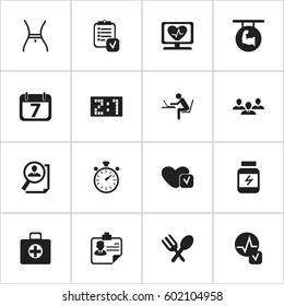Set Of 16 Editable Complicated Icons. Includes Symbols Such As Protein, Date Block, Belly And More. Can Be Used For Web, Mobile, UI And Infographic Design.